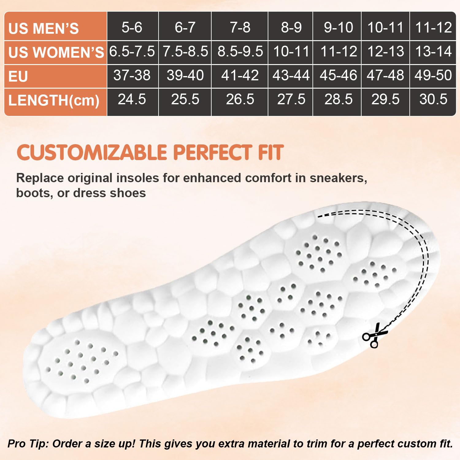 Cocwaus Steppers insoles trim-to-fit image demonstrates easy size customization