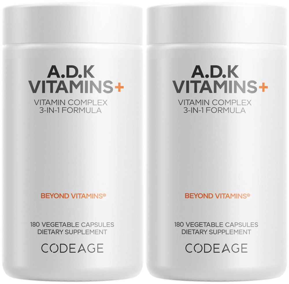 Codeage ADK vitamins bottle front for convenient daily fat-soluble vitamin intake.
