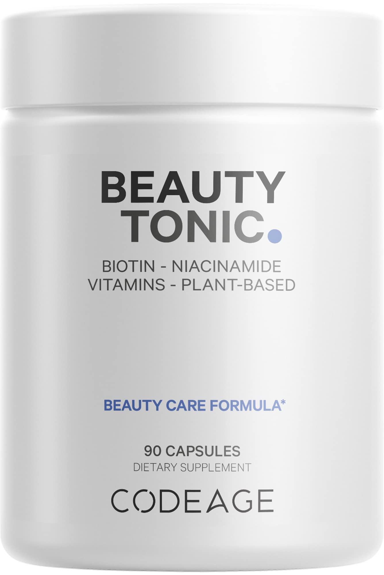 Codeage Beauty Tonic bottle front showing vegan hair, skin, and nails support