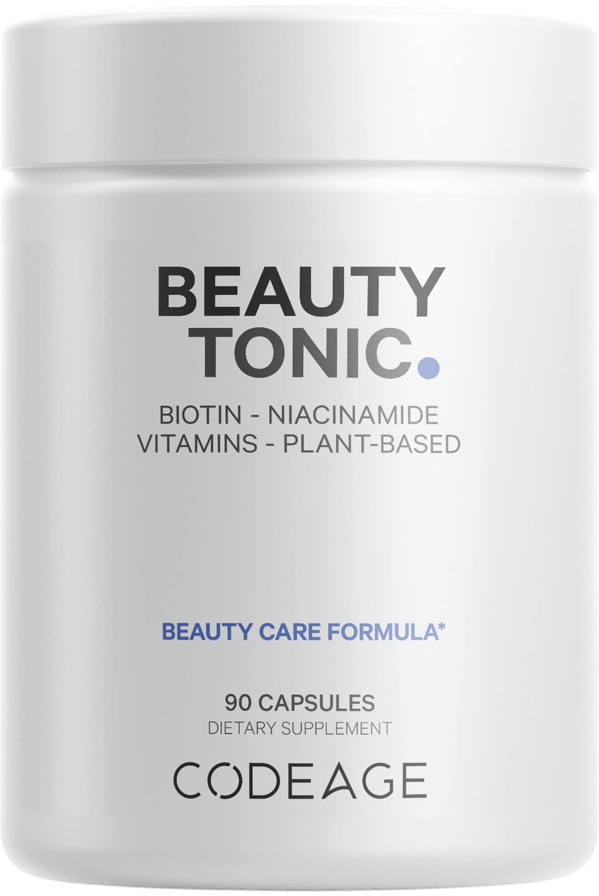 Codeage Beauty Tonic bottle front showing vegan hair, skin, and nails support