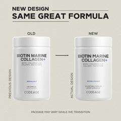 Codeage Biotin Marine Collagen capsule closeup shows compact, swallowable design