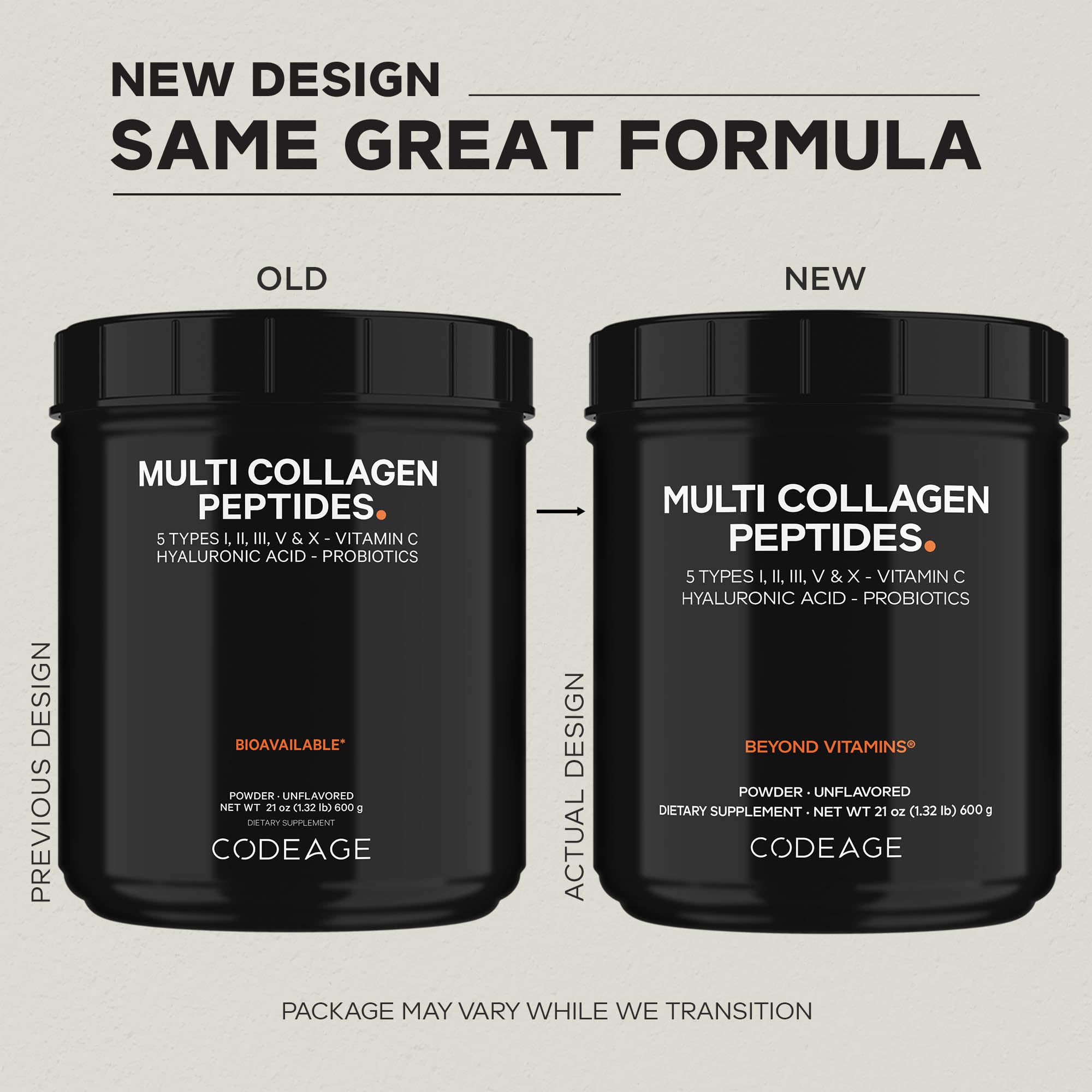 Codeage Black Edition jar label highlights five collagen types and added probiotics.