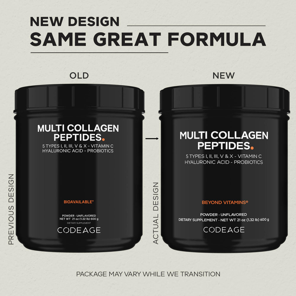 Codeage Black Edition jar label highlights five collagen types and added probiotics.