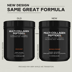 Codeage Black Edition jar label highlights five collagen types and added probiotics.