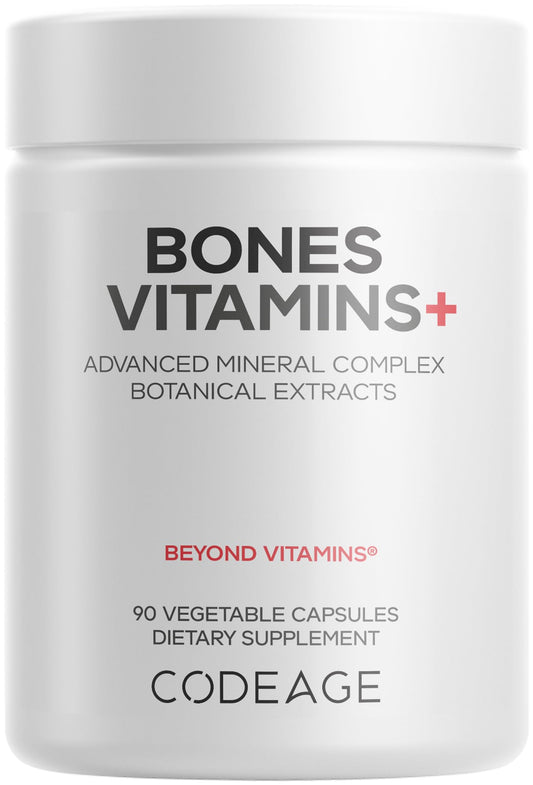 Codeage Bones Vitamins+ bottle and capsules for daily bone support.