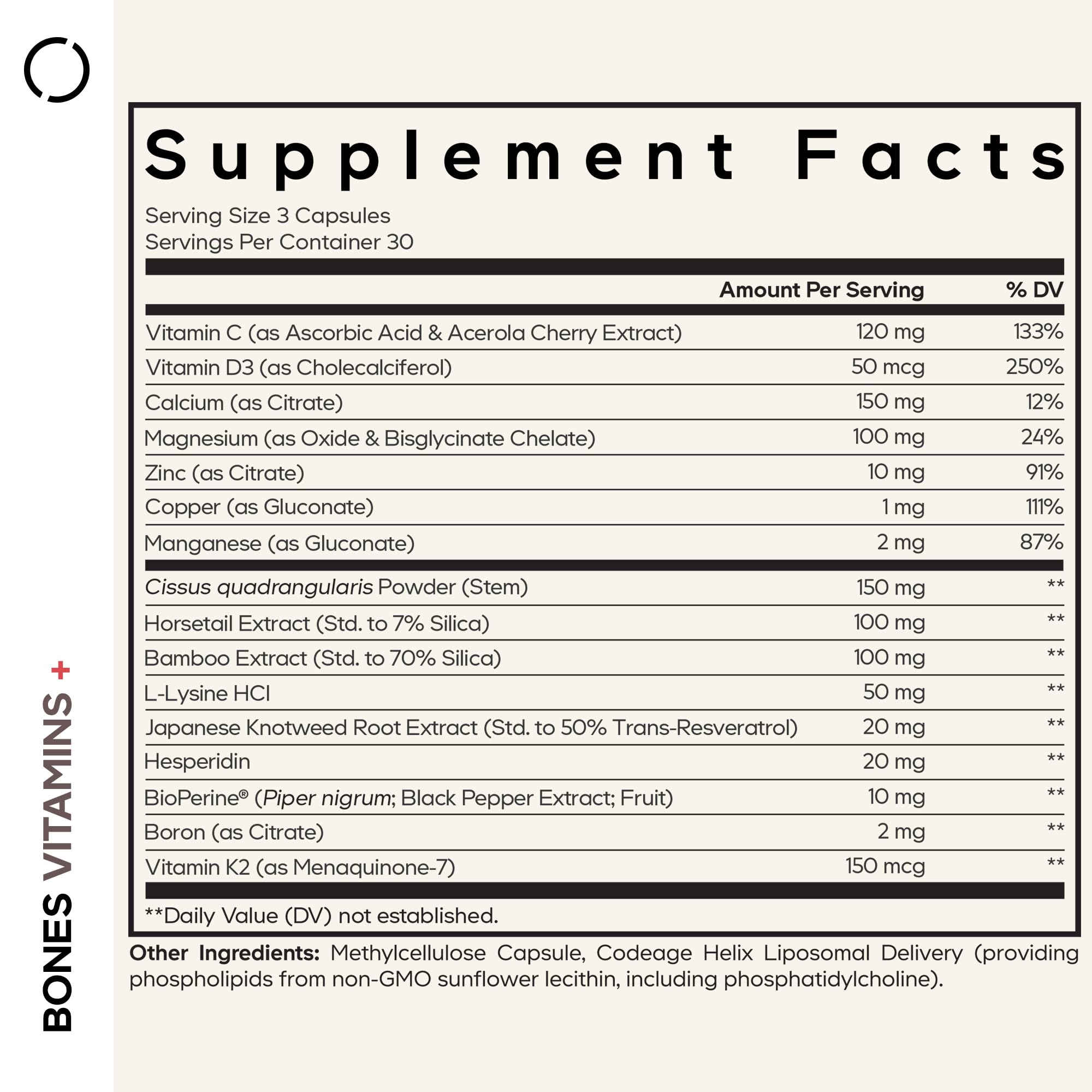 Codeage Bones Vitamins+ label close-up highlighting D3 and K2.
