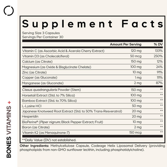 Codeage Bones Vitamins+ label close-up highlighting D3 and K2.