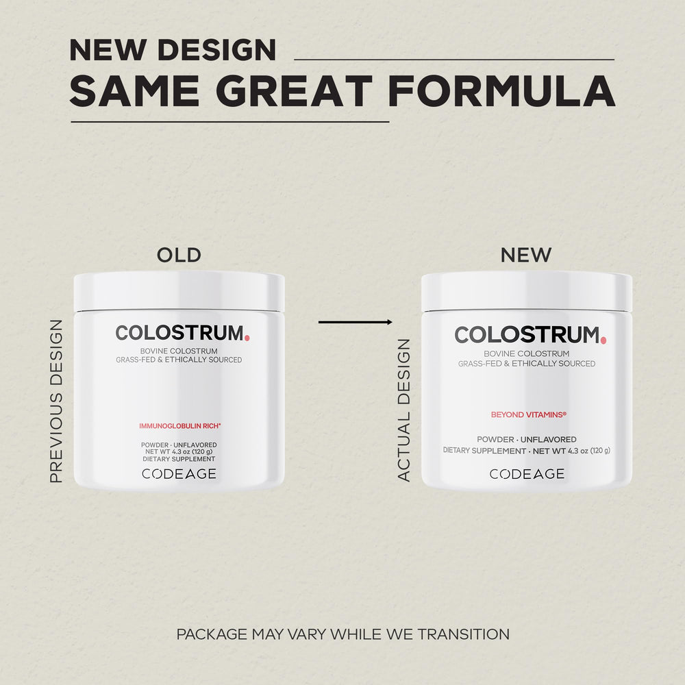 Codeage Bovine Colostrum powder being poured for convenient daily use.