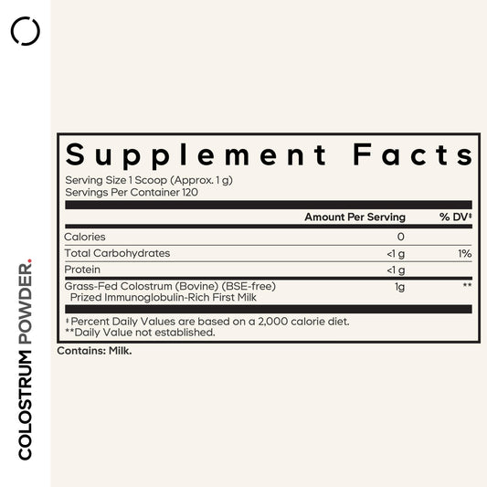 Codeage Bovine Colostrum powder with scoop for easy 1000 mg servings.