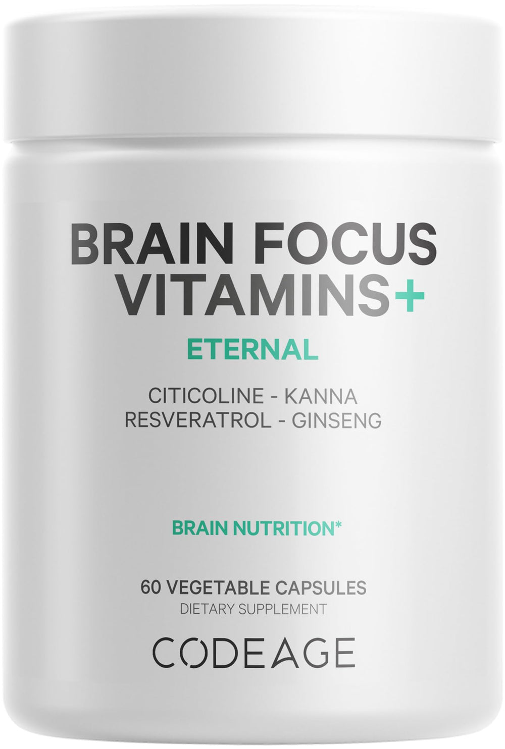 Codeage Brain Focus bottle with capsules for daily cognitive support.