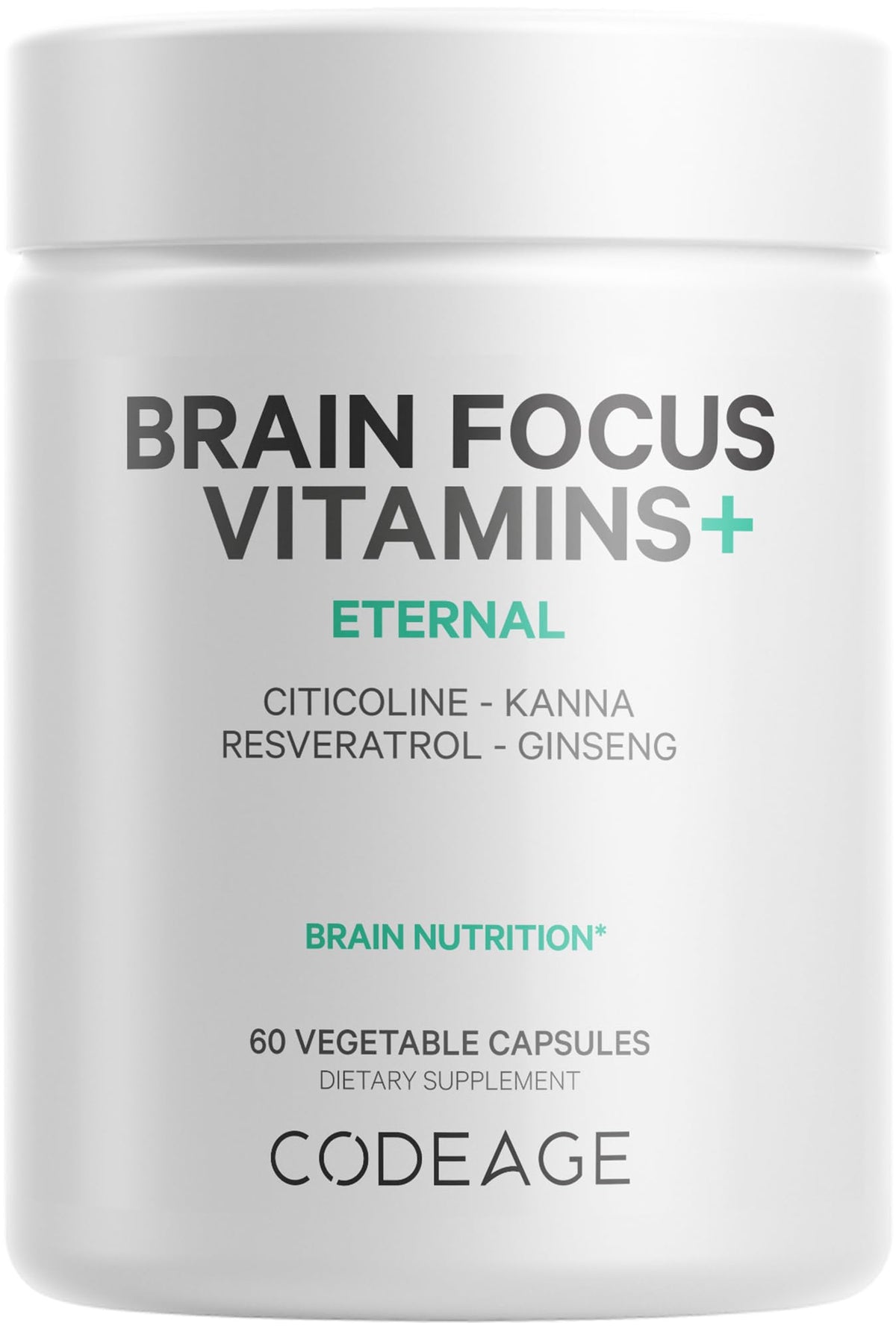 Codeage Brain Focus bottle with capsules for daily cognitive support.