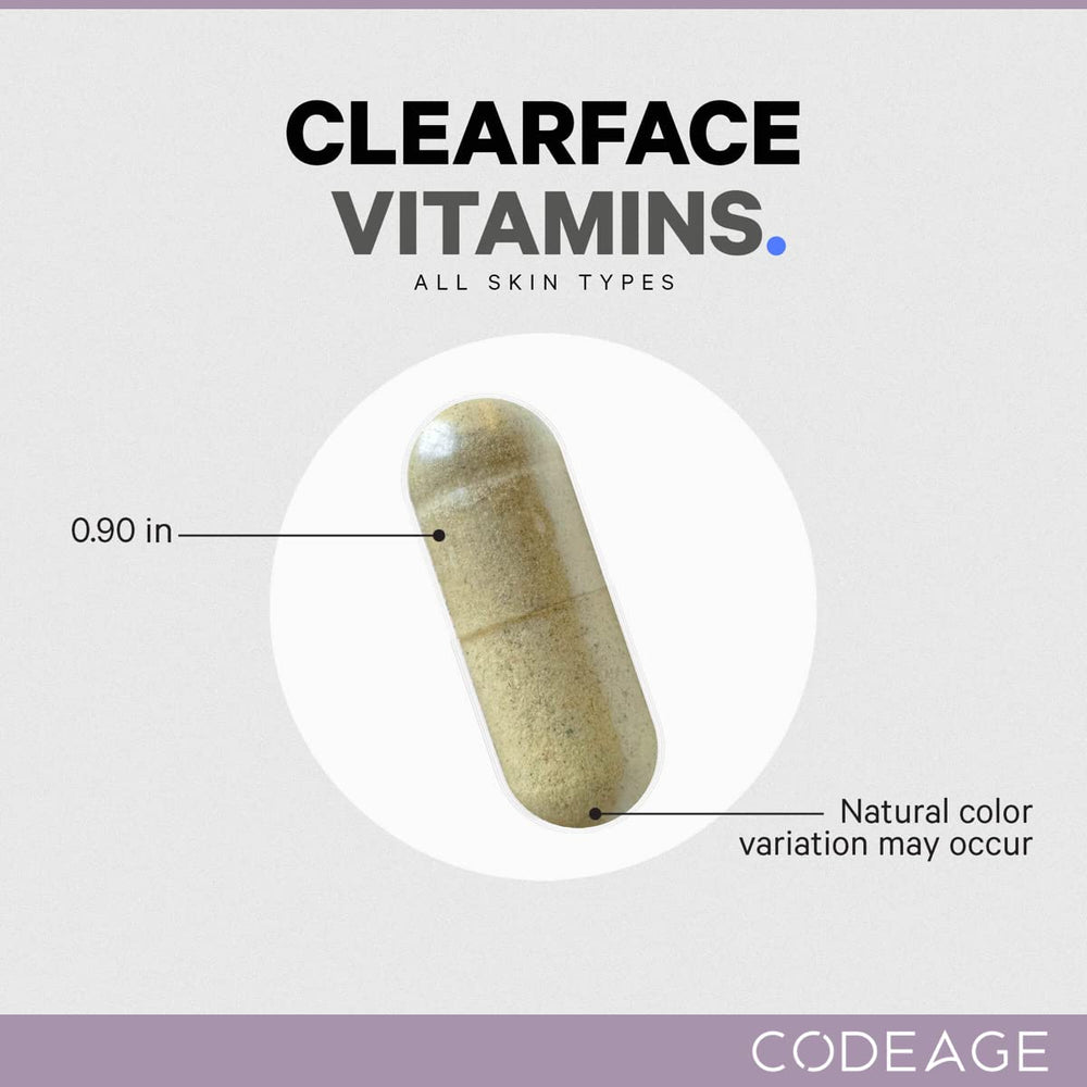 Codeage Clearface bottle with glass emphasizes daily wellness routine.