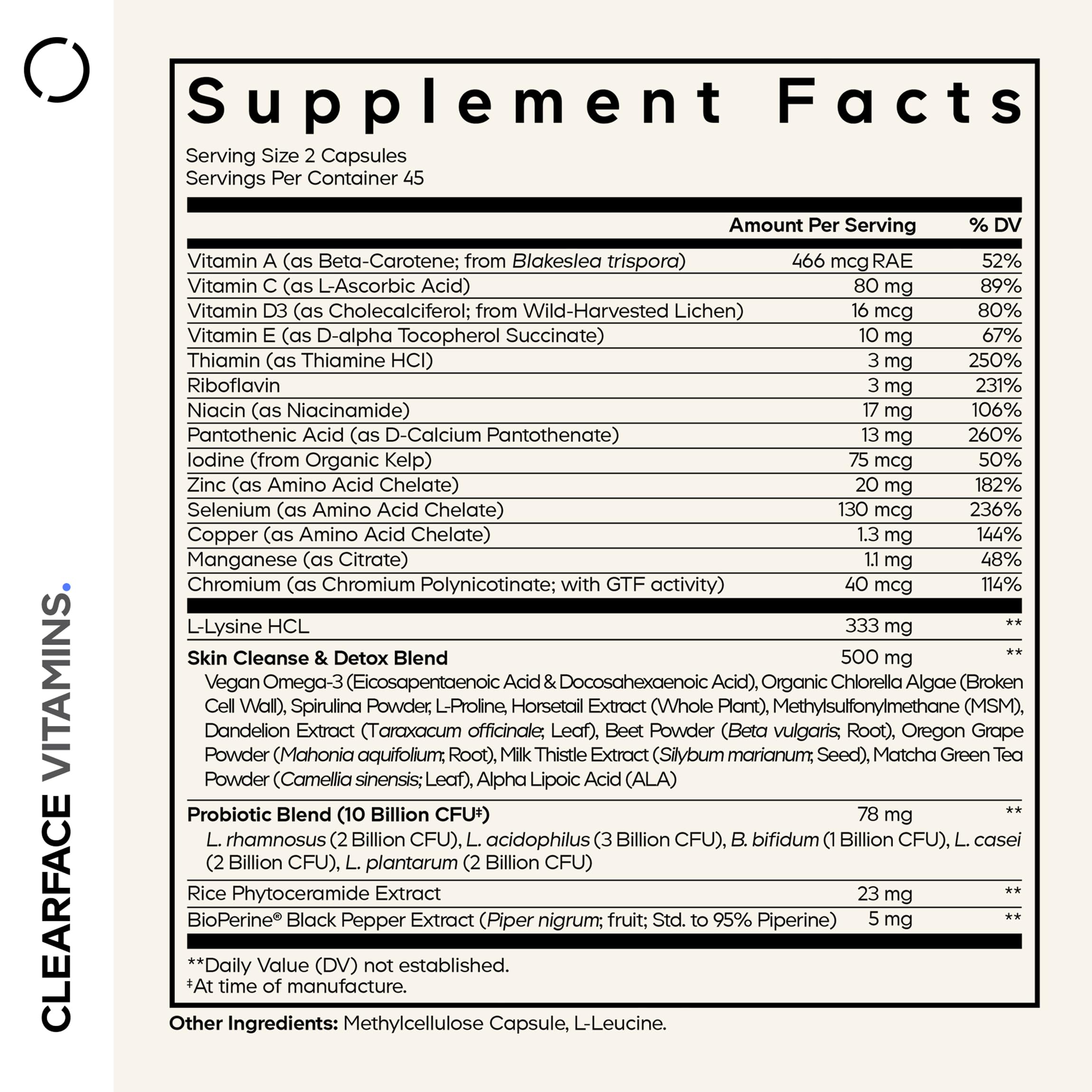 Codeage Clearface capsules close-up, showing broad vitamin and mineral support.