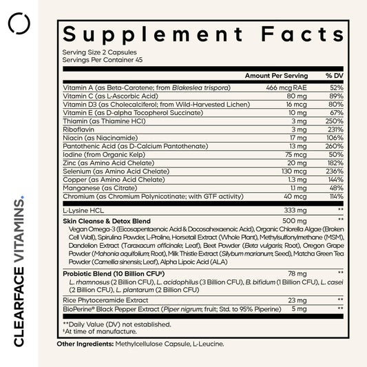 Codeage Clearface capsules close-up, showing broad vitamin and mineral support.