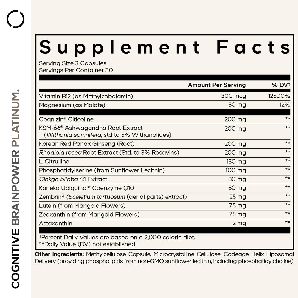 Codeage Cognitive Brainpower Platinum capsules being poured for easy daily use and consistency.