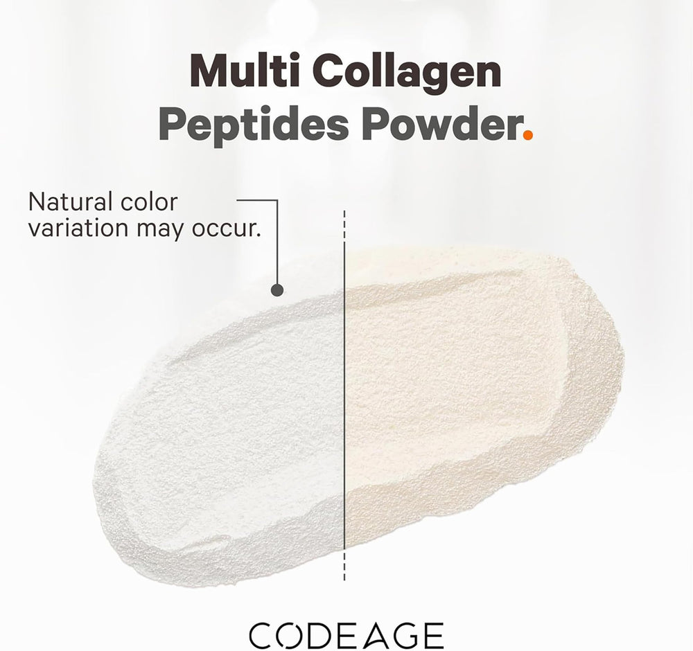 Codeage collagen powder being stirred into coffee; unflavored formula blends into beverages.