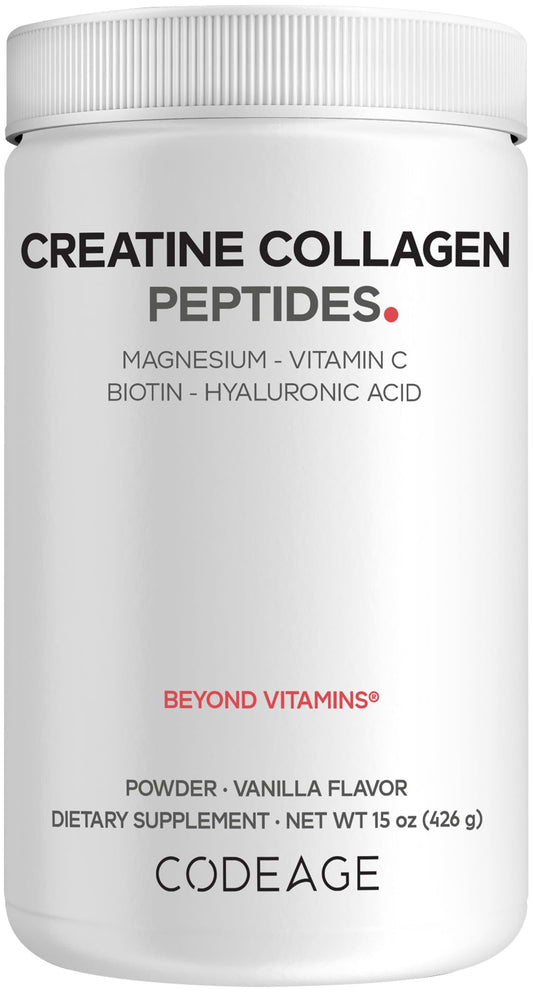 Codeage Creatine Collagen Peptides bottle ready for daily use in fitness routines.