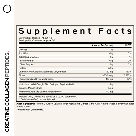 Codeage Creatine Collagen Peptides scoop beside powder for easy serving.