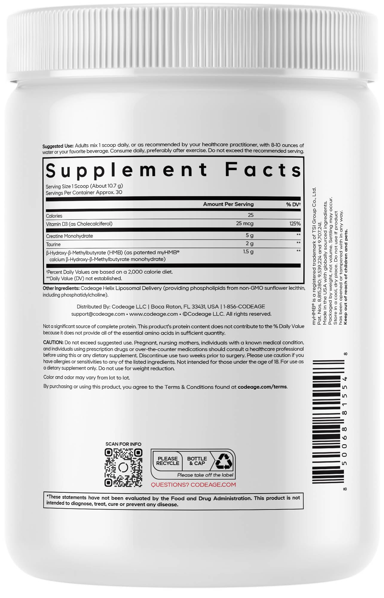 Codeage Creatine HMB+ powder scoop for easy mixing in shakes.