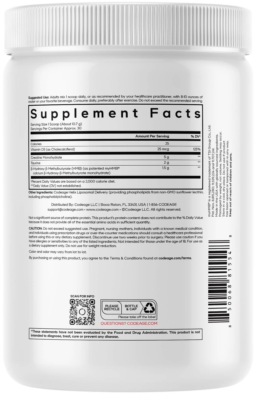 Codeage Creatine HMB+ powder scoop for easy mixing in shakes.