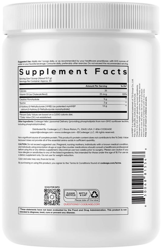 Codeage Creatine HMB+ powder scoop for easy mixing in shakes.
