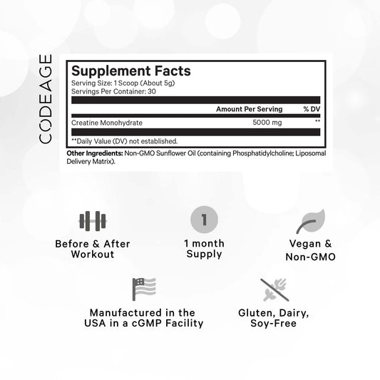 Codeage creatine powder scoop demonstrating easy pre and post workout dosing.