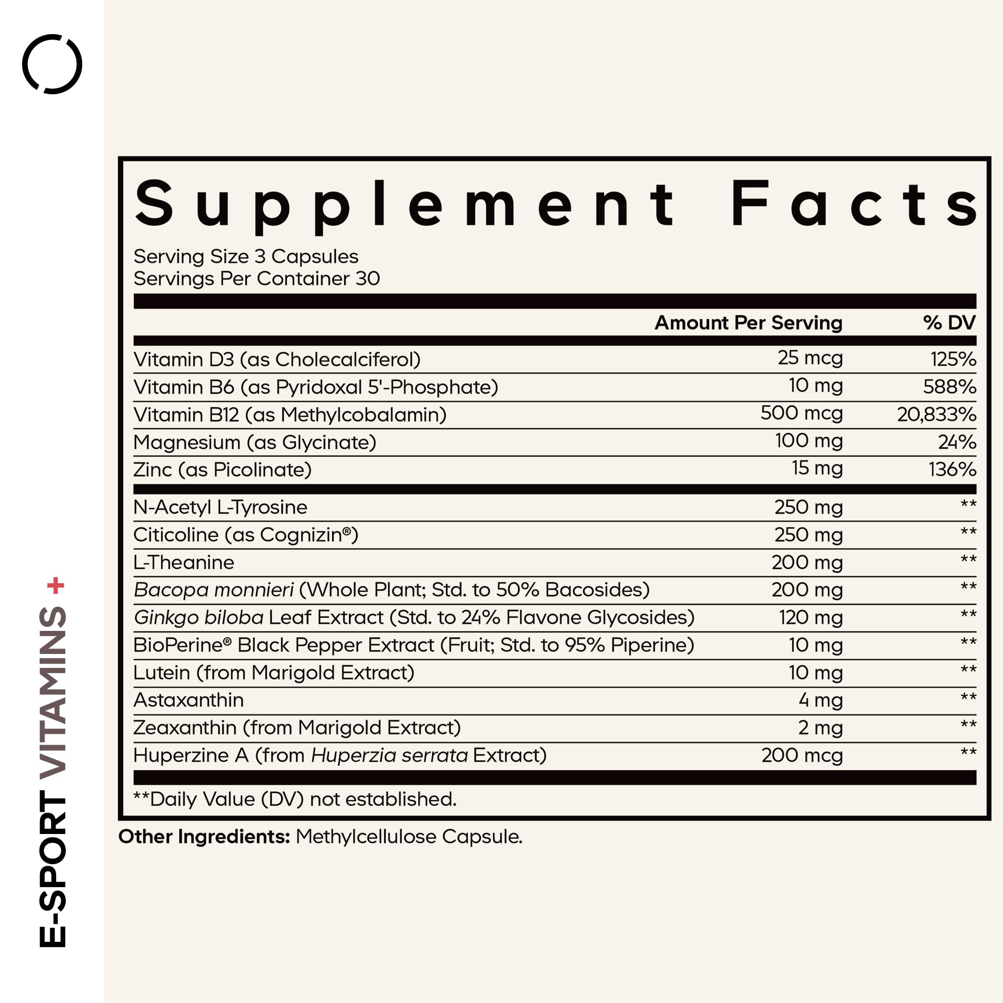 Close-up of Codeage E-Sport Capsules showing premium ingredients for cognitive support.