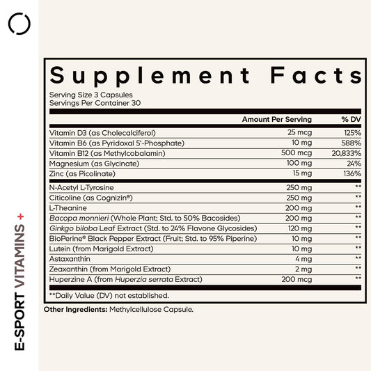 Close-up of Codeage E-Sport Capsules showing premium ingredients for cognitive support.