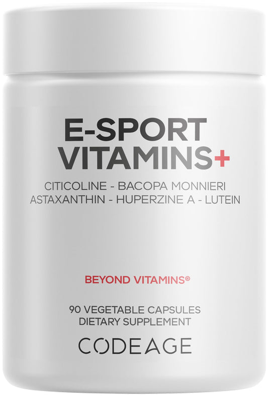 Codeage E-Sport Vitamins bottle displaying a balanced nootropic blend for focused gaming.