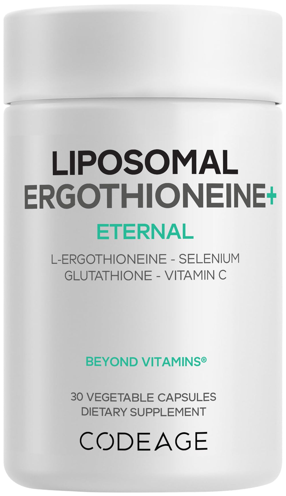 Codeage Liposomal Ergothioneine+ bottle front showing compact daily capsules.