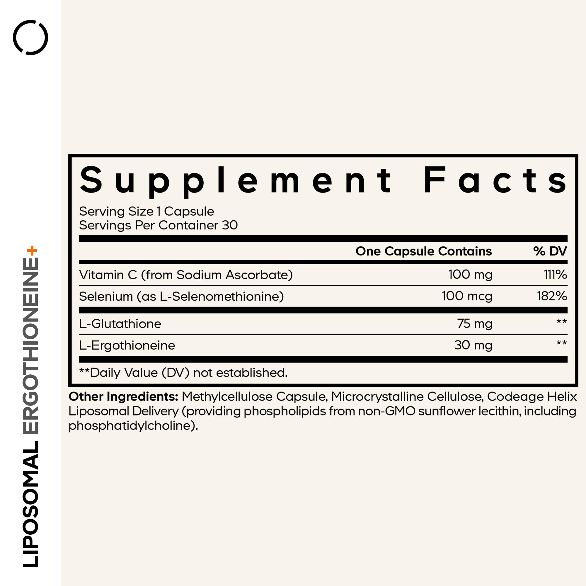 Codeage Liposomal Ergothioneine+ bottle label shows ingredients and usage guidance.