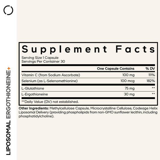 Codeage Liposomal Ergothioneine+ bottle label shows ingredients and usage guidance.