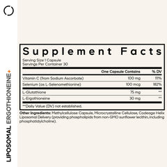 Codeage Liposomal Ergothioneine+ bottle label shows ingredients and usage guidance.