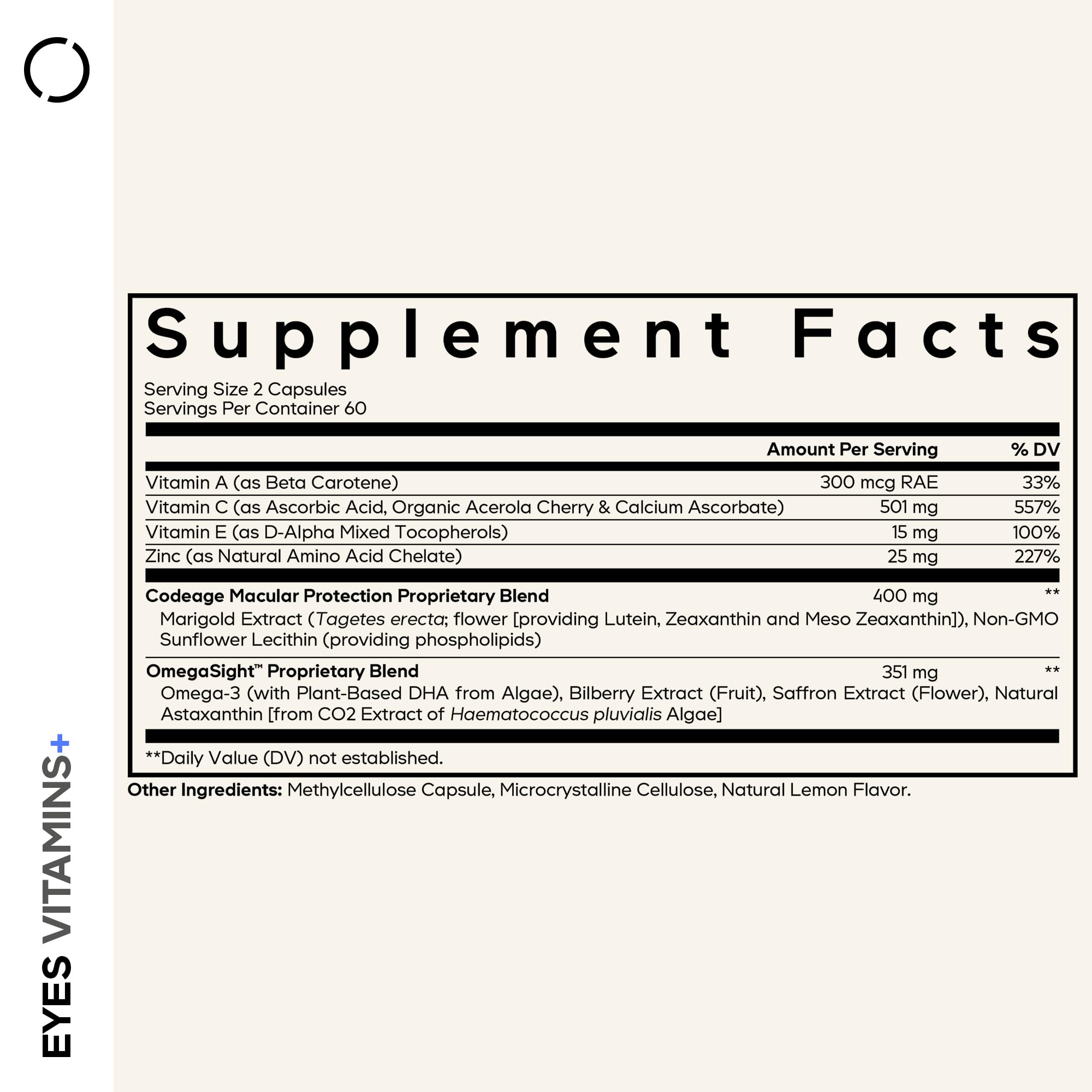 Codeage Eyes capsules close-up highlighting AREDS 2 nutrients.
