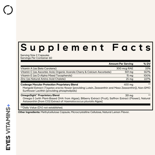 Codeage Eyes capsules close-up highlighting AREDS 2 nutrients.