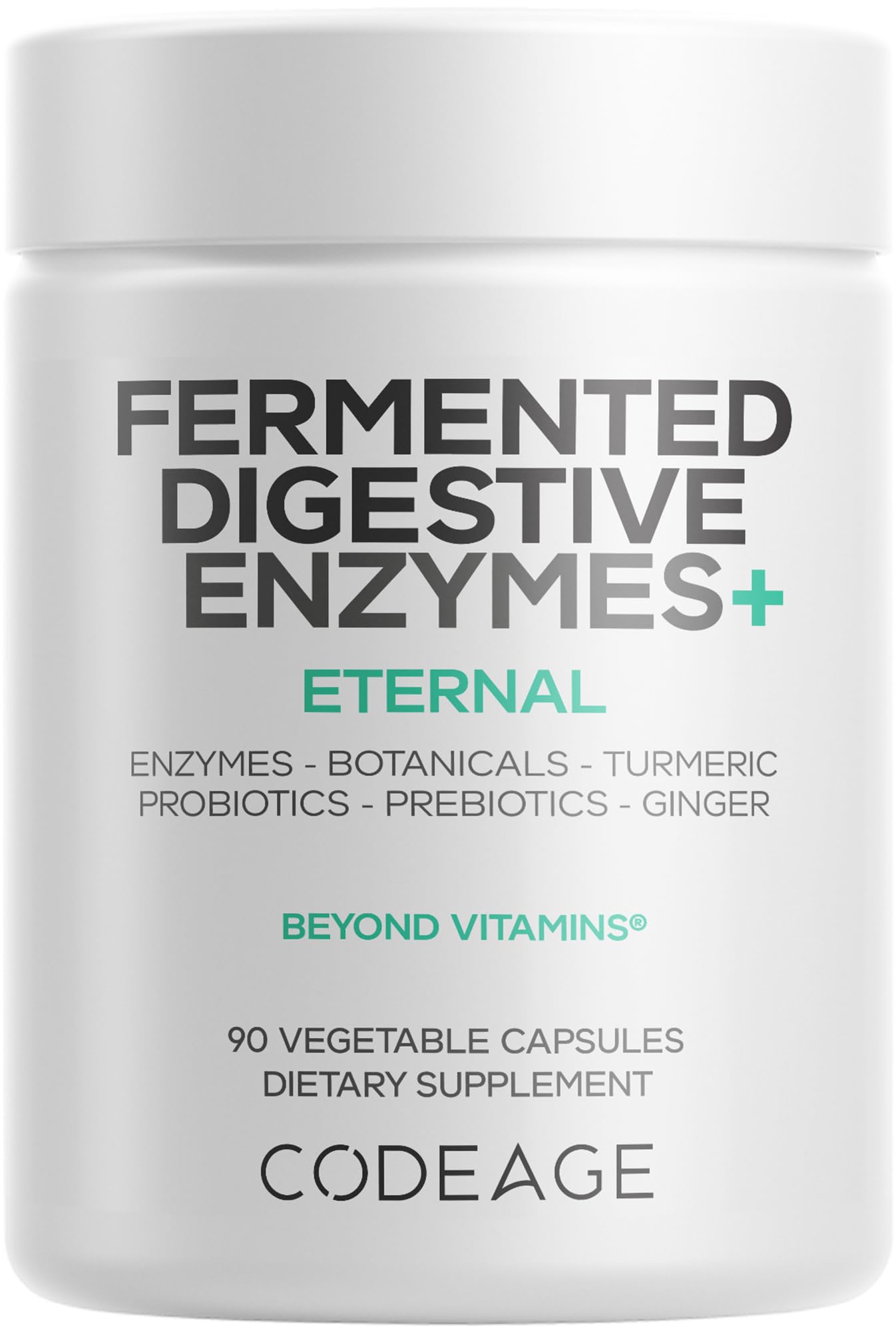 Codeage Fermented Digestive Enzymes bottle showcases a complete enzyme blend for daily digestion support.