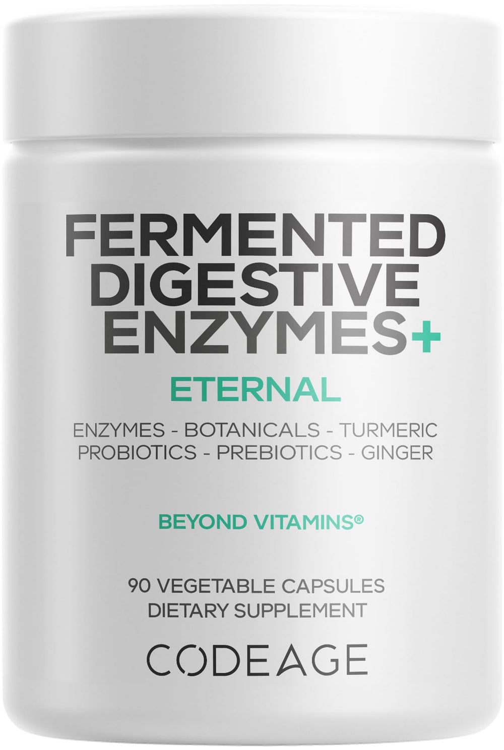 Codeage Fermented Digestive Enzymes bottle showcases a complete enzyme blend for daily digestion support.