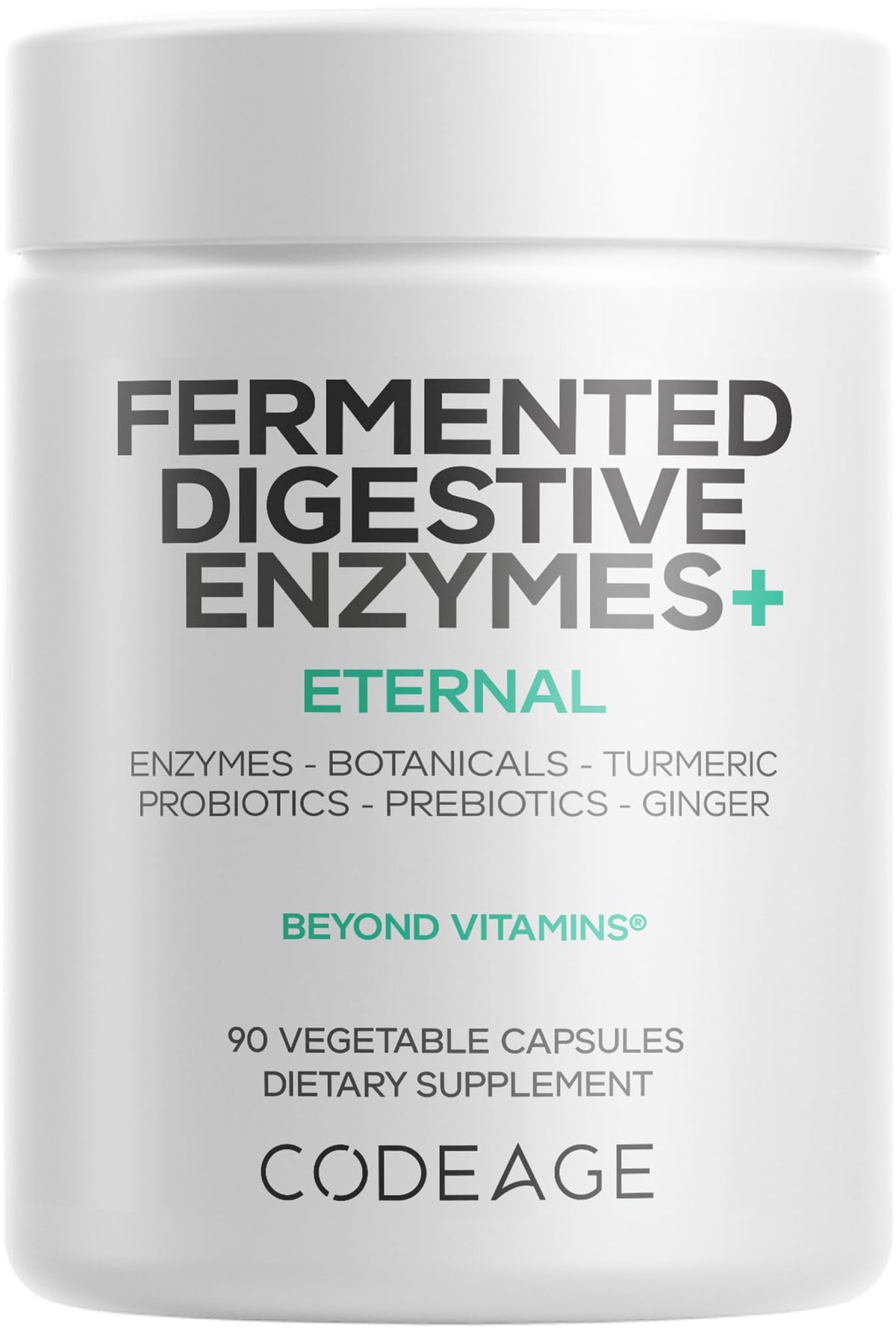 Codeage Fermented Digestive Enzymes bottle showcases a complete enzyme blend for daily digestion support.