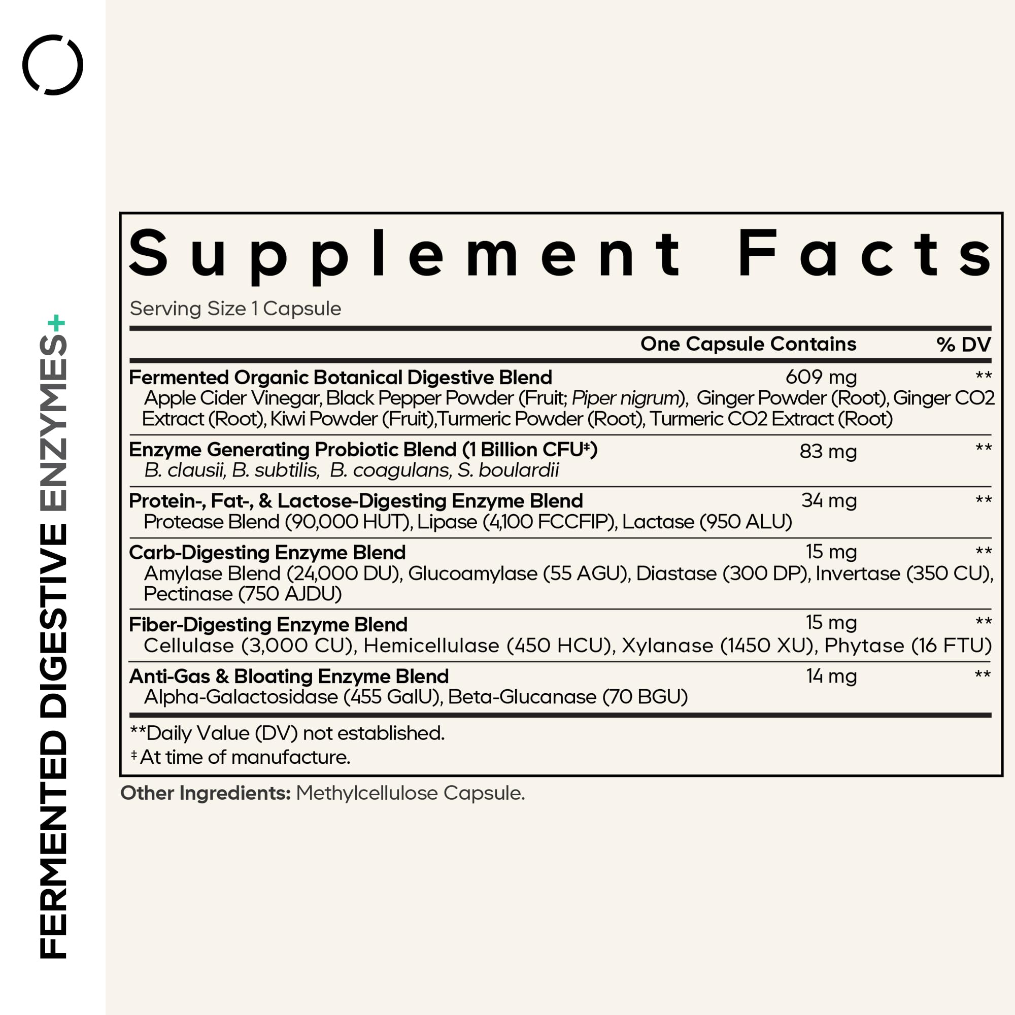 Codeage Fermented Digestive Enzymes capsules closeup highlighting plant-based enzymes for meals.