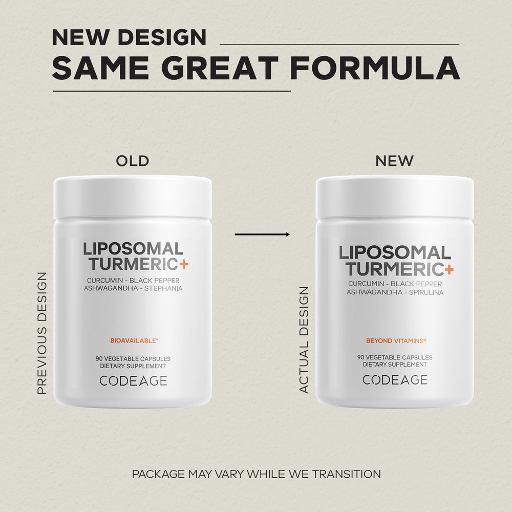 Codeage fermented turmeric capsules close-up with liposomal delivery concept for absorption.