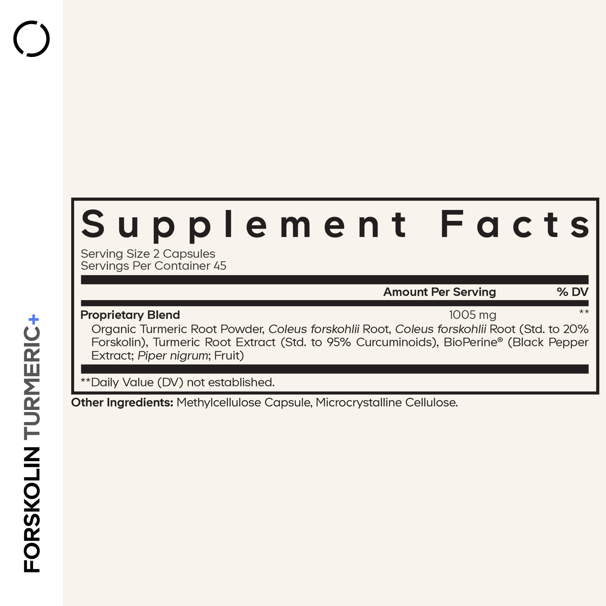 Codeage Forskolin Turmeric+ label close-up showing turmeric 95% curcuminoids and BioPerine for absorption