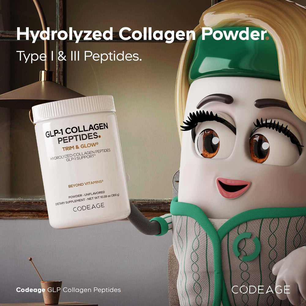 Codeage GLP-1 Collagen Powder poured into a smoothie or drink.