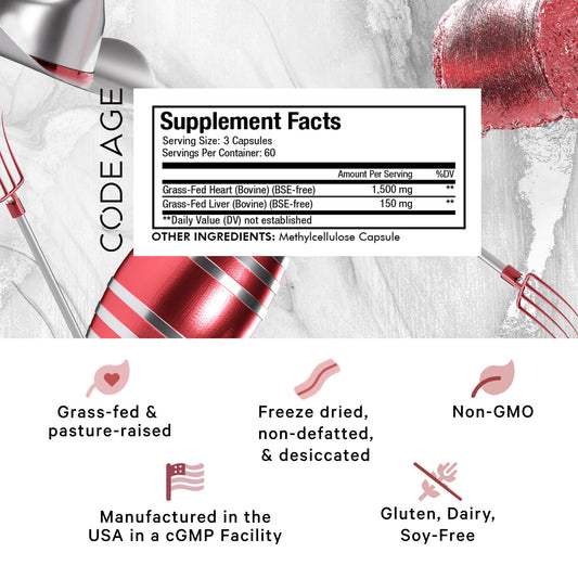 Codeage beef heart capsules close-up highlighting freeze-dried nutrients