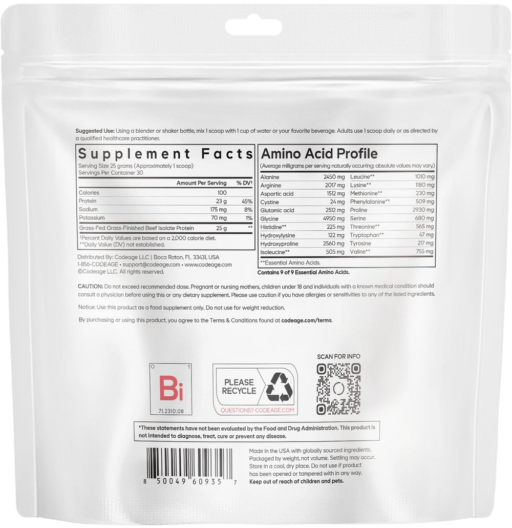 Codeage Grass-Fed Beef Isolate gluten-free label for dietary clarity.