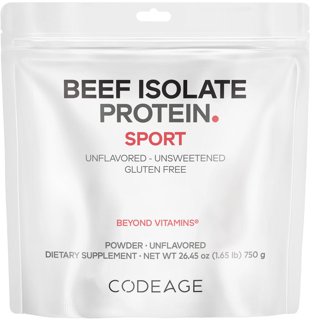 Codeage Grass-Fed Beef Isolate powder bottle for versatile shakes and meals.