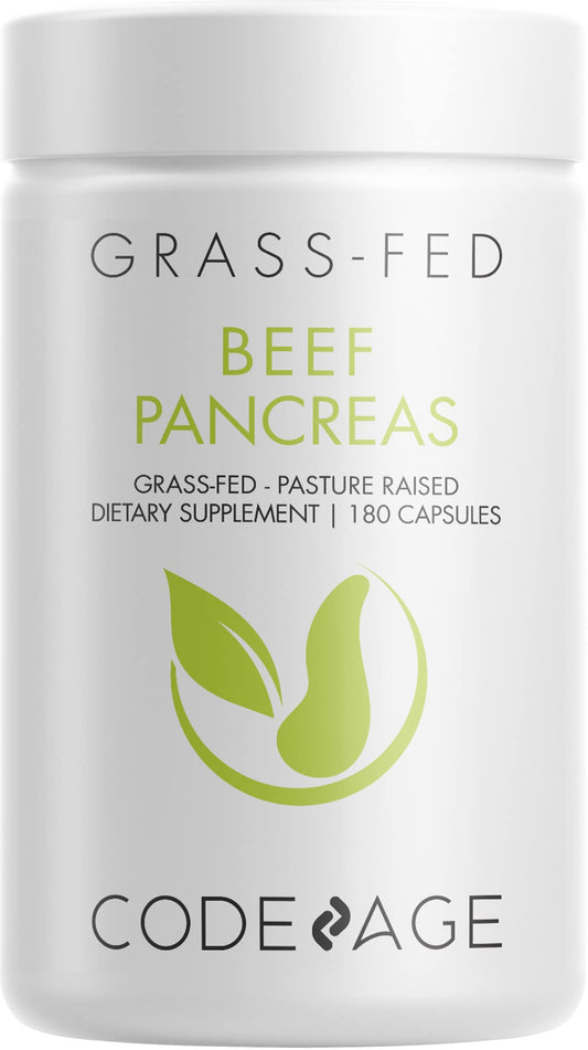 Codeage Grass-Fed Beef Pancreas bottle close-up for easy daily supplementation.