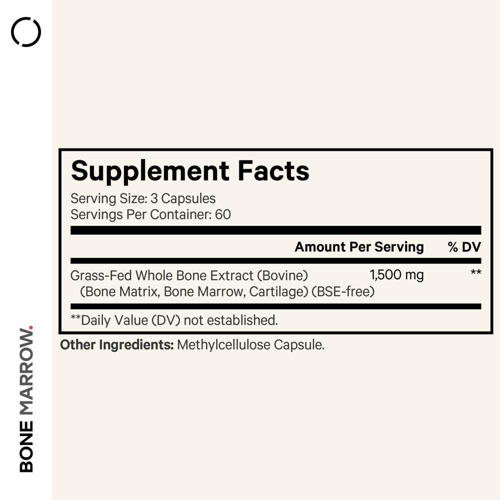 Codeage Grass-Fed Bone Marrow label with ingredients highlights freeze-dried, non-defatted formula