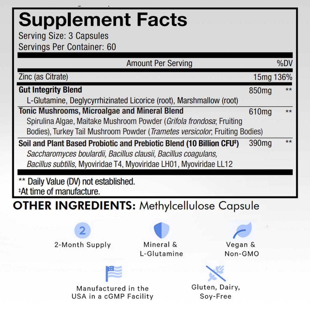 Codeage Gut Health Formula capsules closeup showing easy-to-swallow vegan capsules