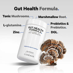 Codeage Gut Health Formula label closeup highlighting vegan, non-GMO blend