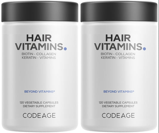 Codeage Hair Vitamins bottle highlighting 10k mcg biotin for hair support